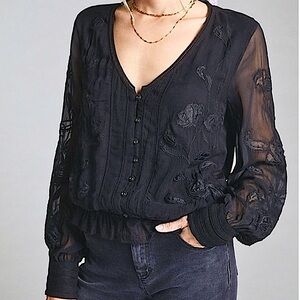 Anthropologie Embroidered Button Up Long Sleeve Blouse, NEW